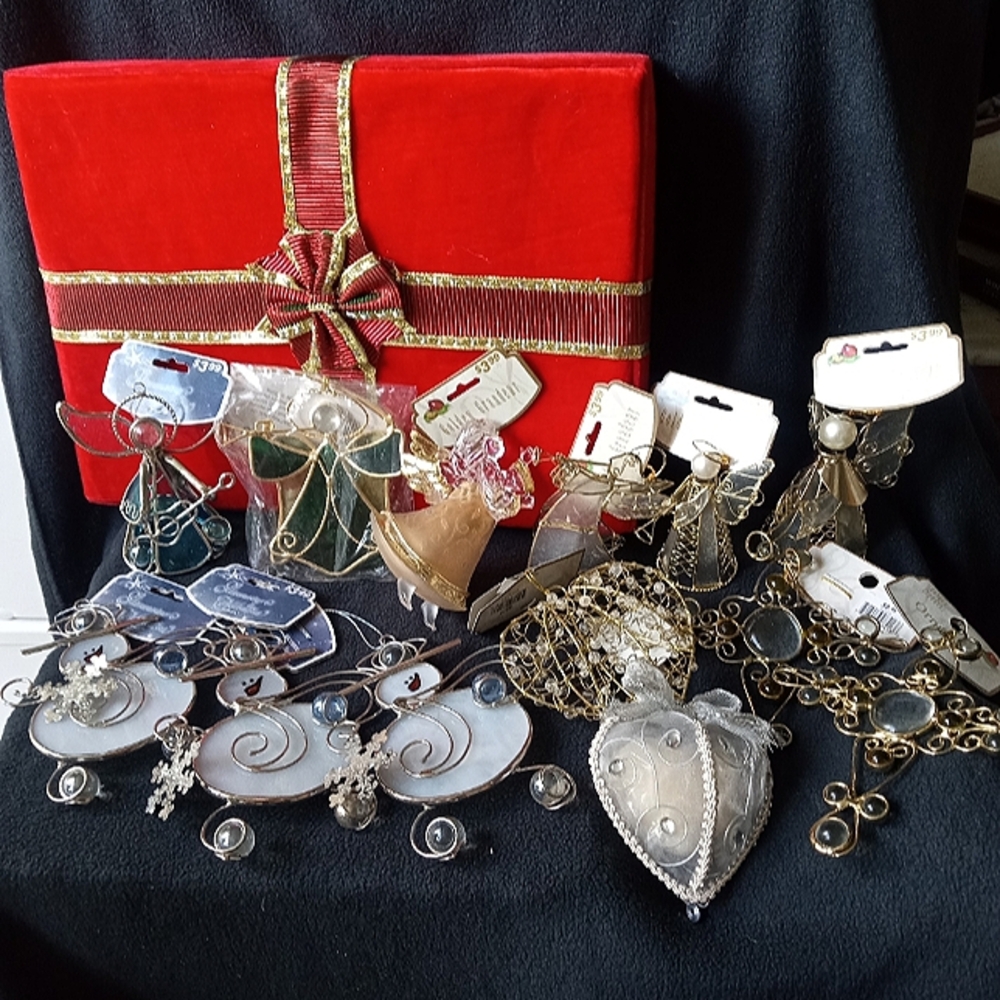 13 CHRISTMAS ORNAMENTS STAINED GLASS Angels, Snowmen, Hearts, Cross' NEW w/ TAGS